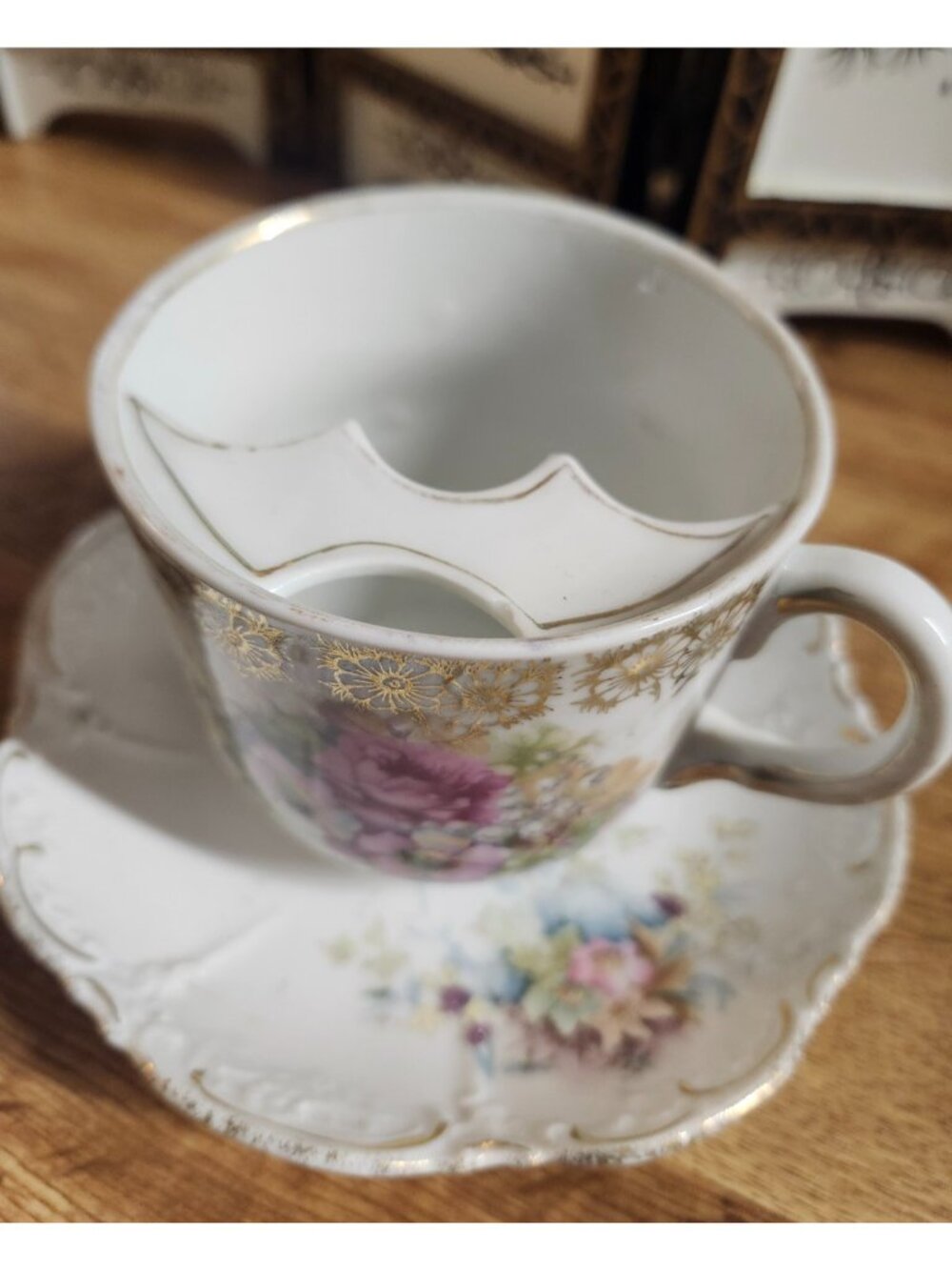 Victorian Mustache Tea Cup & Saucer Set Bone China Porcelain Pink Germany VTG - Picture 3 of 16
